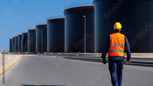 Worker in safety gear walking along road beside large industrial oil storage tanks under clear blue sky