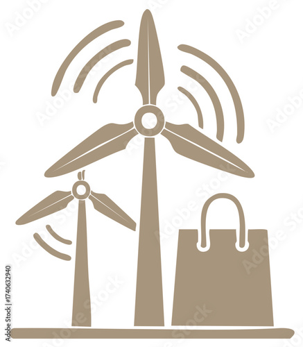 Wind turbine and shopping bag illustration representing green energy and sustainable shopping.
