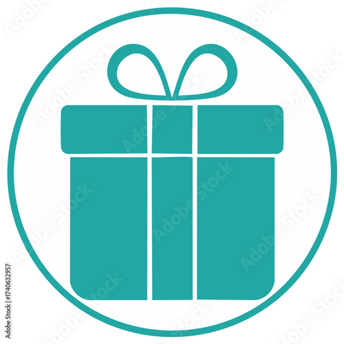 Teal gift box icon with ribbon in circle outline graphic vector illustration