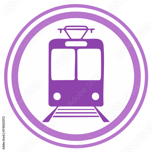 Purple tram or train icon inside a circle symbol for public transportation and travel concept