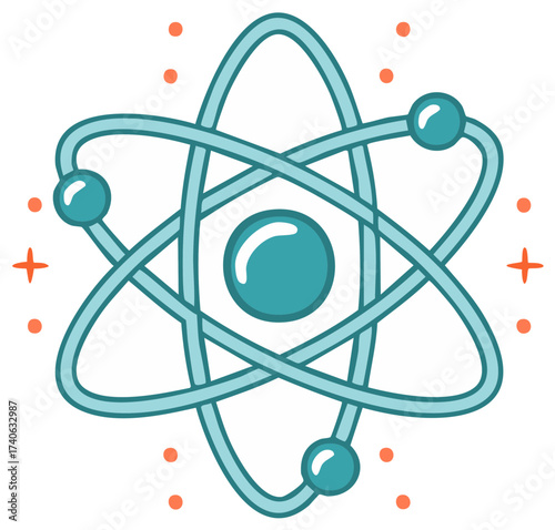 Simplified illustration of an atom with orbits, nucleus and orbiting particles