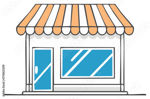 Illustration of a shop with orange and white striped awning and blue door and windows