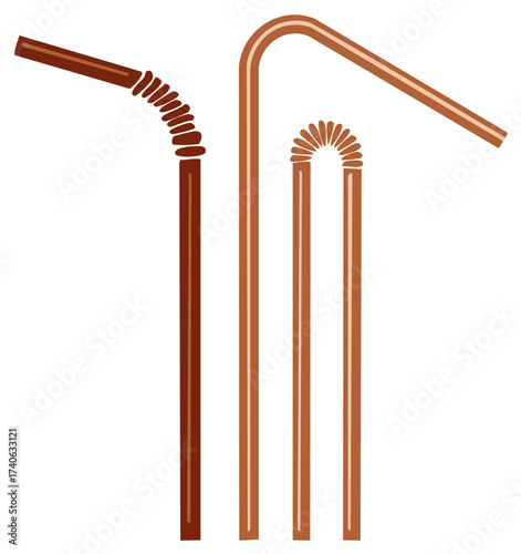 Vector illustration of various brown and copper colored drinking straws with flexible bendy sections