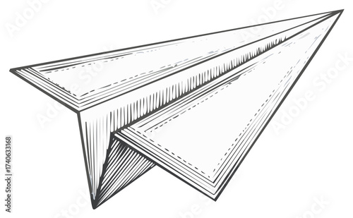 Hand drawn paper airplane in a vintage engraving sketch style