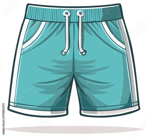 Turquoise blue athletic shorts with drawstring waist cartoon vector illustration