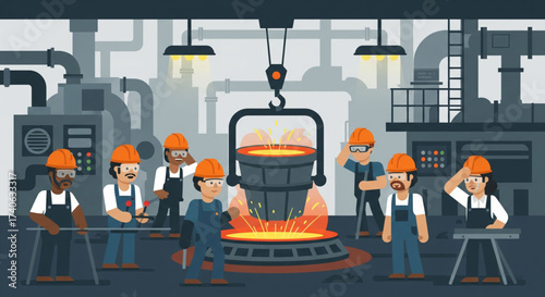 Cartoon illustration of workers in a factory setting, with molten metal being transported by a crane.