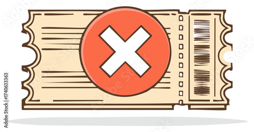 Ticket illustration with a red X, concept of denied, cancelled or rejected