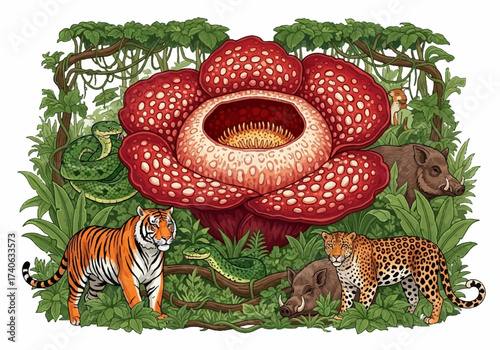 Photography Vector Rafflesia Flower in Jungle with Wild Animals