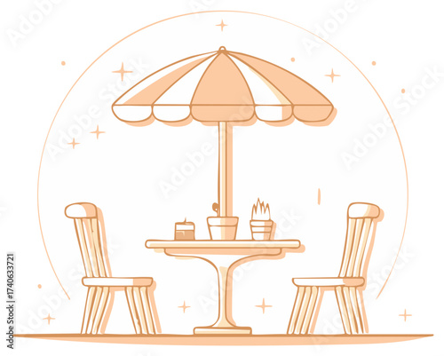 Inviting outdoor cafe patio setting with table chairs and umbrella minimalist line art illustration