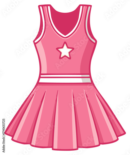 A stylish pink dress features a star emblem and a pleated skirt design for athletic or casual wear