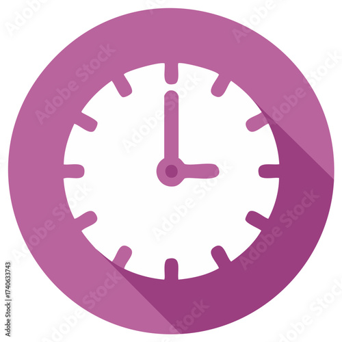 Clock icon: Mauve time symbol with hands showing 3 o'clock on a flat design