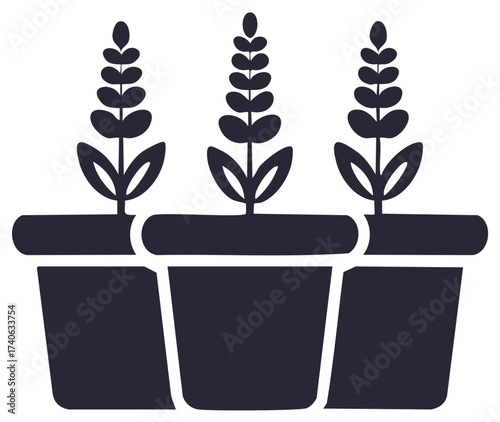 Three flower pots with plants vector icon design minimalist monochrome