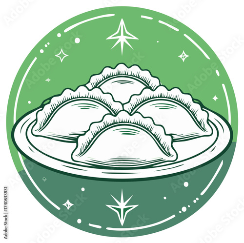 Illustration of Delicious Dumplings on Plate, Green Circle Food Graphic