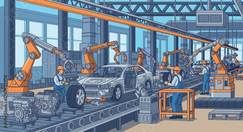 Automated car assembly line featuring robotic arms and workers in a factory setting.