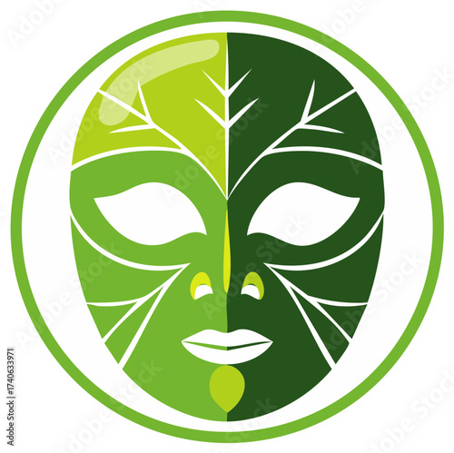 Green Face Mask with Leaf Design Circle Emblem Symbol for Eco Friendly Product