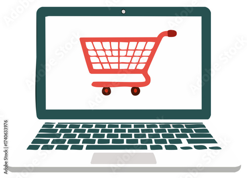 Laptop displaying a red shopping cart icon symbolizing online shopping and e-commerce