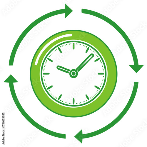 Green Clock Face with Arrows Encircling Time Cycle Management Timeless Graphic