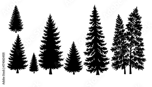 Set of vintage fir tree and coniferous forest silhouette. Mountain forest nature or seamless botanical background. Winter pine or christmas tree garden landscape. Social media decoration clip art icon