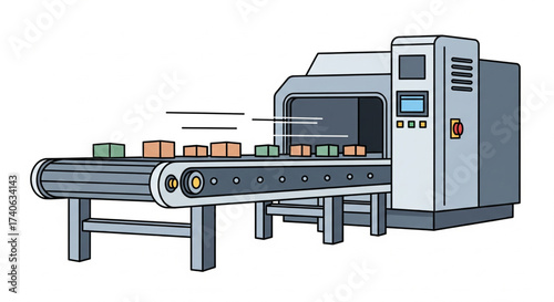 Illustration of a factory conveyor belt transporting boxes through an automated machine.