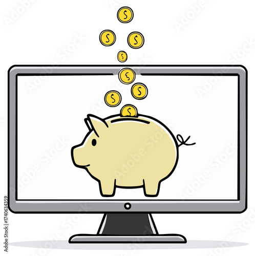 Digital savings and online finance concept with dollar coins falling into a virtual piggy bank on a monitor