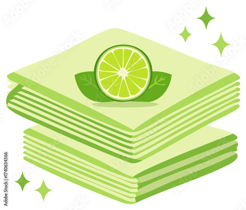 Fresh lime slice on napkins stack with sparkles, a clean green freshness for kitchen bathroom home