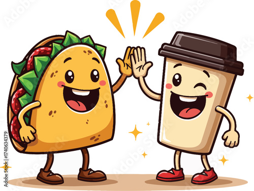 Happy Taco and Coffee Cup Give High Five Celebrating Friendship