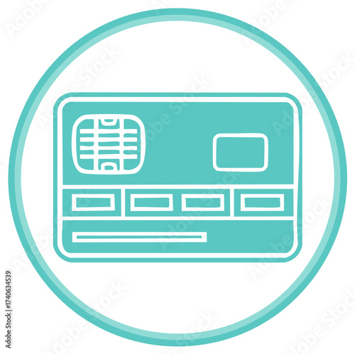 Credit card with chip symbol inside a turquoise circle, payment concept.