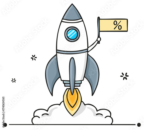 Cartoon rocket launch with percentage flag represents discount sales offer.