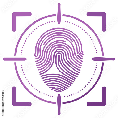 Stylized Fingerprint Scan Icon in Purple with Targeting Crosshairs and Dotted Circle Identity Verification Graphic