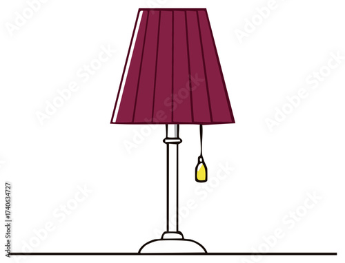 Isolated simple illustration featuring lamp with purple conical lampshade and yellow tassel