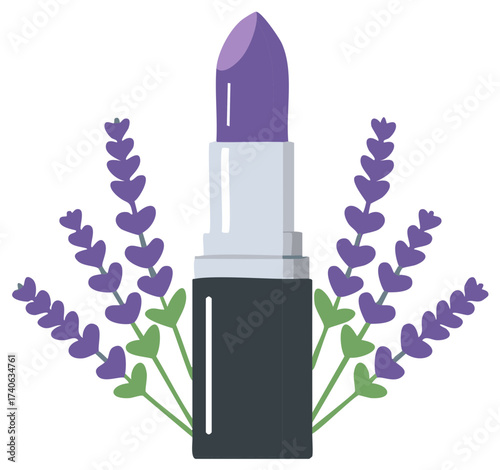 Stylized Violet Lipstick with Lavender Flowers Beauty Product Cosmetics Illustration