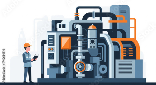 An engineer in safety gear inspects a complex industrial machine, taking notes.