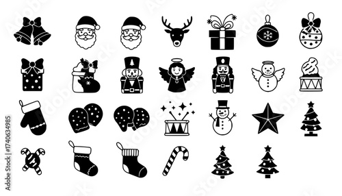 Christmas elements set icons design. Christmas collection of bells, santa, deer, angel, nutcracker, cookies, showman, snowstar, drums, mitten, candy, sock, tree
