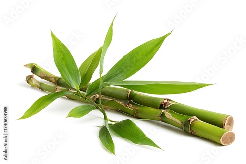 Vibrant green bamboo stalks and lush leaves arranged artistically against a clean white backdrop, evoking natural tranquility and Asian zen.
