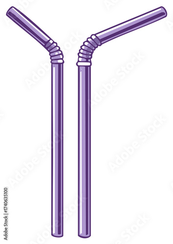 Two vibrant purple plastic bendable drinking straws with flexible sections for various drinks