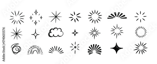 Collection of Hand-Drawn Starbursts, Sparkles, and Celestial Icons