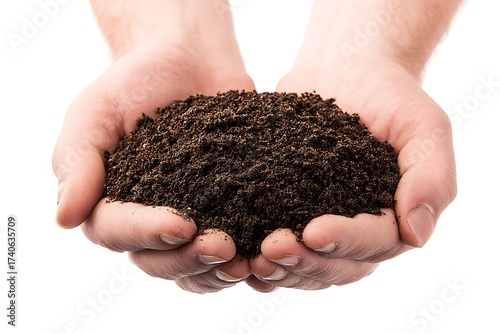 Hands gently cupping rich dark soil, symbolizing growth, nurture, and the foundation of life, perfect for gardening or environmental themes
