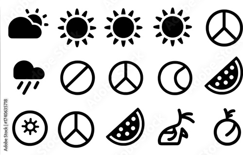 Collection of Icons: Sun, Rain, Peace Signs, Moon, Watermelon, and Radish