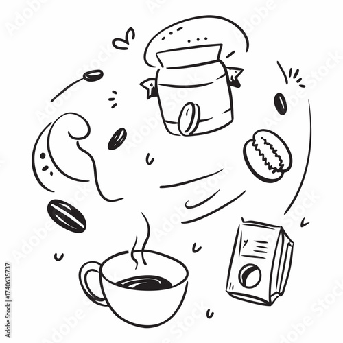 Coffee doodle art illustration with cup beans milk and package for cafe menu and drink design concept | editable svg
