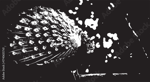 Striking Peacock with Fanned Tail in Monochrome Design