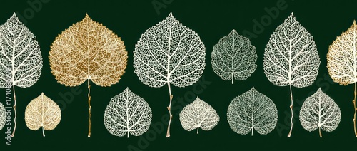 Repeating pattern of stylized leaves with intricate vein details, in gold and white, against a dark background