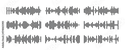 Various sound wave patterns represented in black graphics showcasing different frequencies and amplitudes in a clean layout in eps 10.