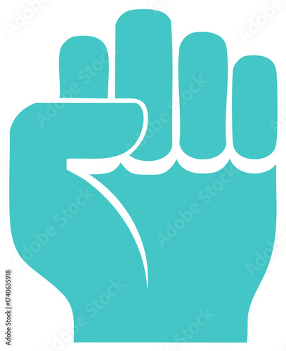 Raised fist symbol, light blue clenched fist gesture icon, social justice, support, and solidarity concept illustration.