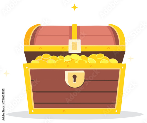 Open treasure chest filled with gold coins and jewels, vector illustration