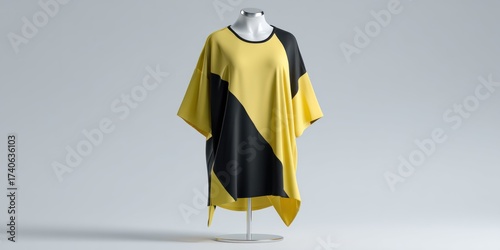 A mannequin displays a striking, oversized tunic dress. The garment features a bold geometric design with contrasting yellow and black panels. 