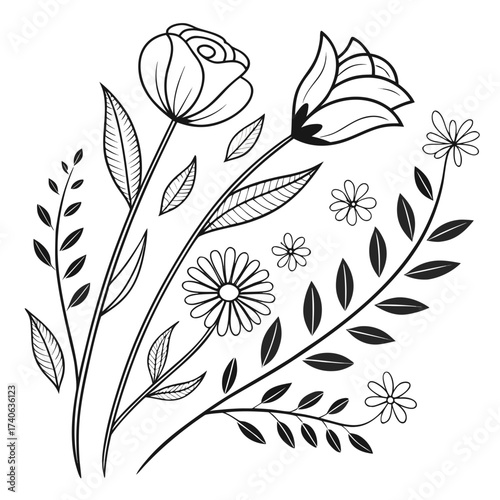 Black and white floral line art drawing illustration of a bouquet of flowers for coloring book page | editable svg