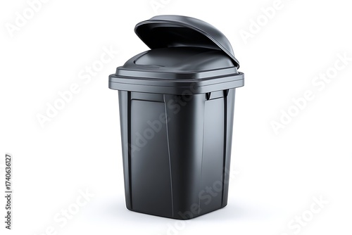 Sleek modern black trash can with open lid, perfect for contemporary kitchens, offices, and hotels needing stylish waste disposal solutions.