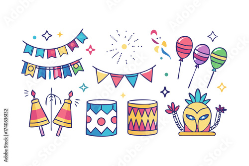 Colorful cartoon set of party elements illustration