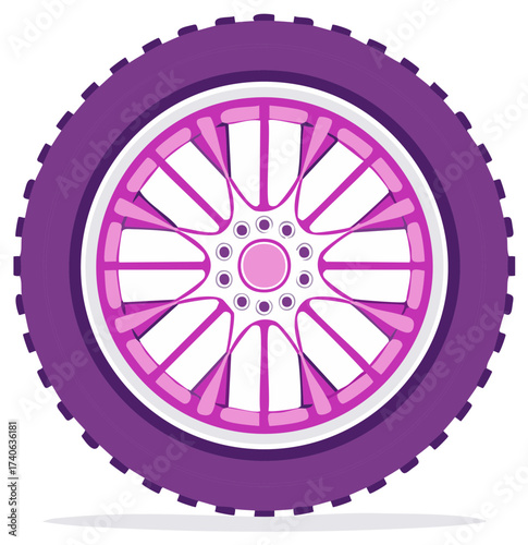 Vibrant purple and pink car wheel with detailed rim design a colorful vector illustration for automotive concepts