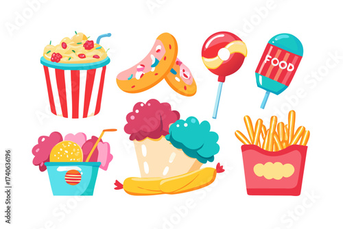 Colorful cartoon set of fast food illustration
